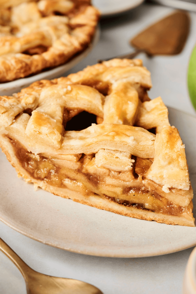 Part de tarte aux pommes avec croûte en treillis.