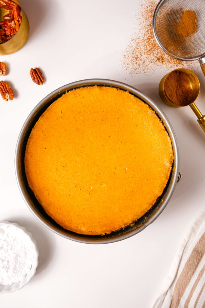 Cheesecake à la citrouille entièrement cuit refroidissant dans un moule à charnière, entouré de noix de pécan et de cannelle pour la garniture.