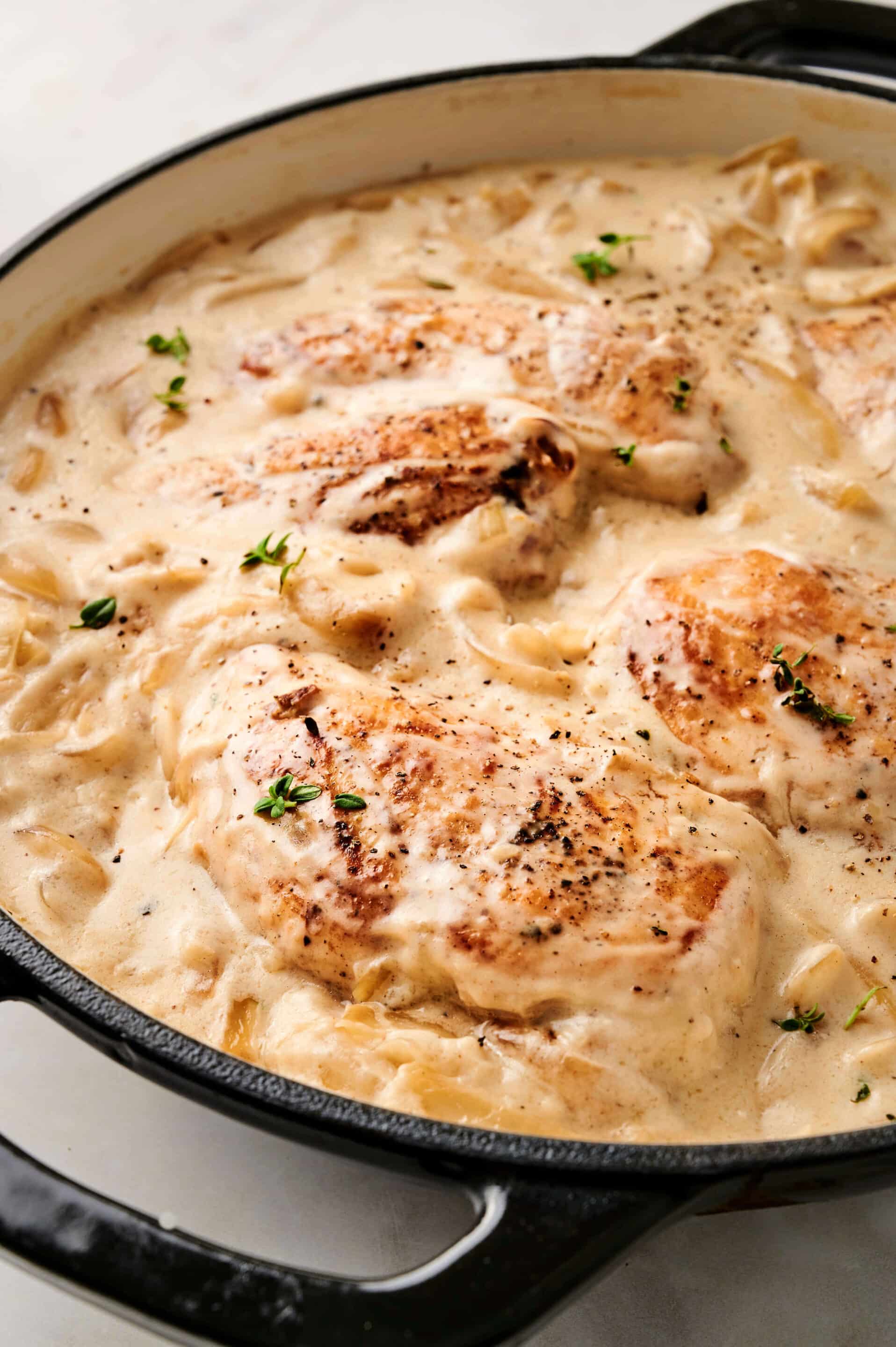 Poulet à l'oignon français crémeux avec oignons caramélisés